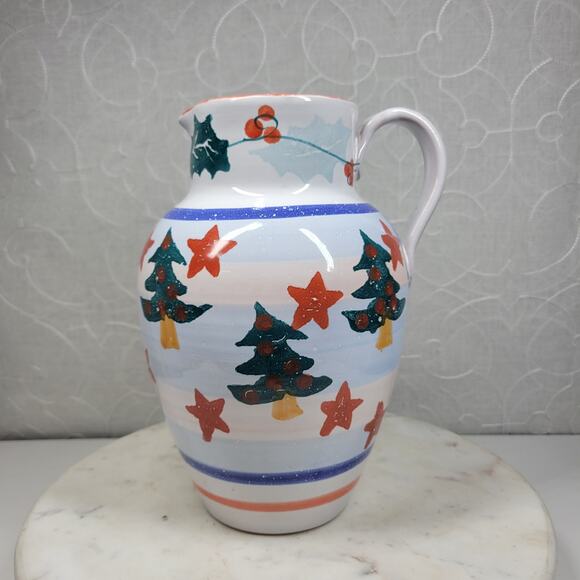 Pier 1 Italian Ceramic Pitcher Hand Painted Christmas Trees Floral Stars - Picture 5 of 15